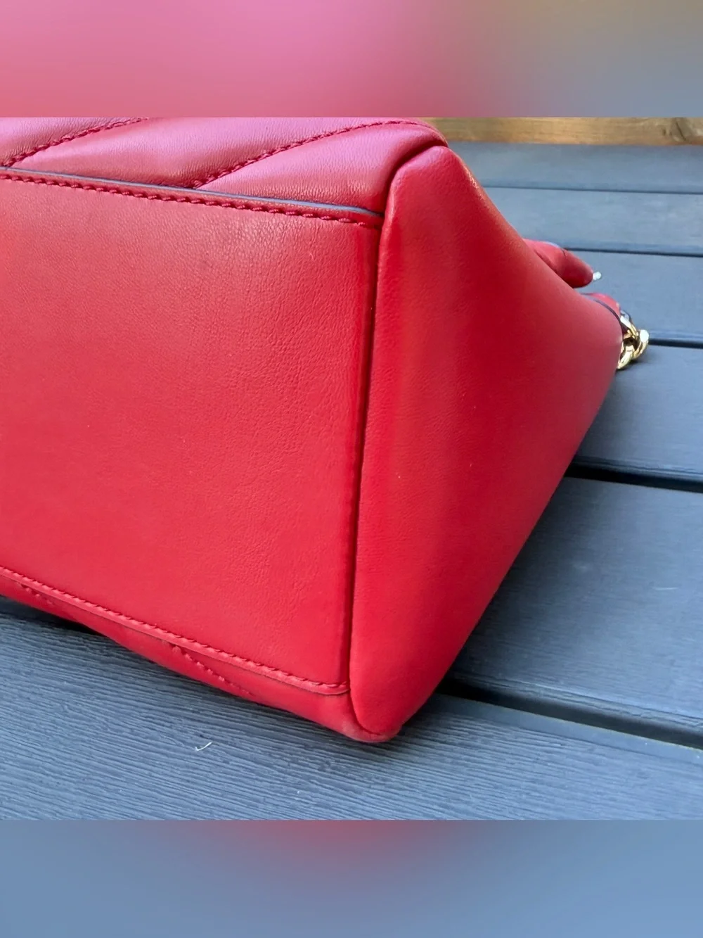 Michael Kors Whitney Medium Quilted Tote Red Gold Chain Shoulder Bag